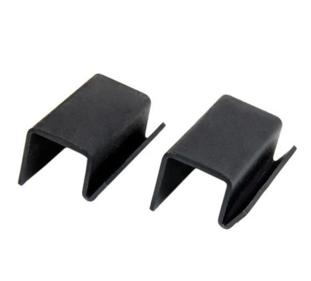 Two black plastic clips with a U-shaped design.