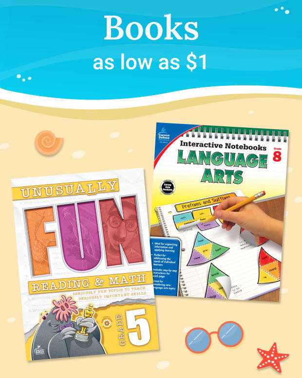 Books for sale, including fun and language arts materials.