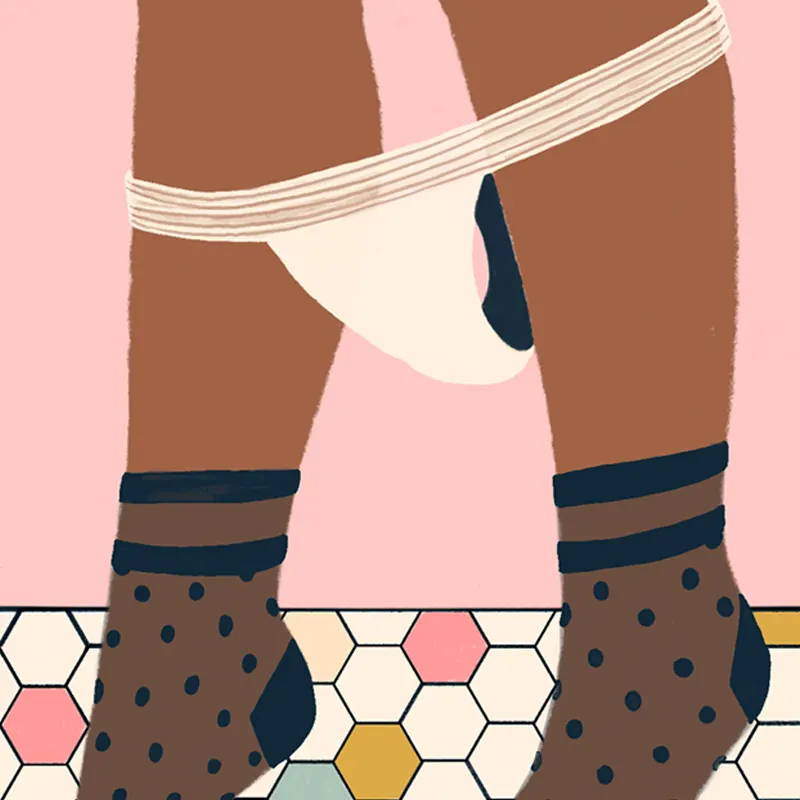 Ilustração da parte inferior de pernas e pés com meias, uma calcinha absorvente na região da panturrilha