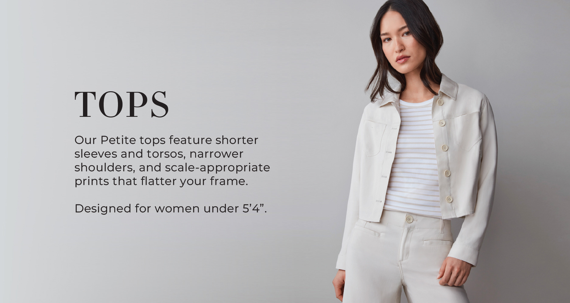 Model wearing stylish white top and pants against a neutral background.