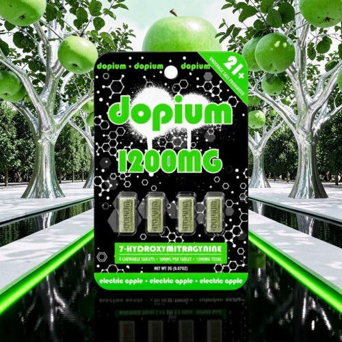 Dopium 1200mg packaging with green apple trees in the background.