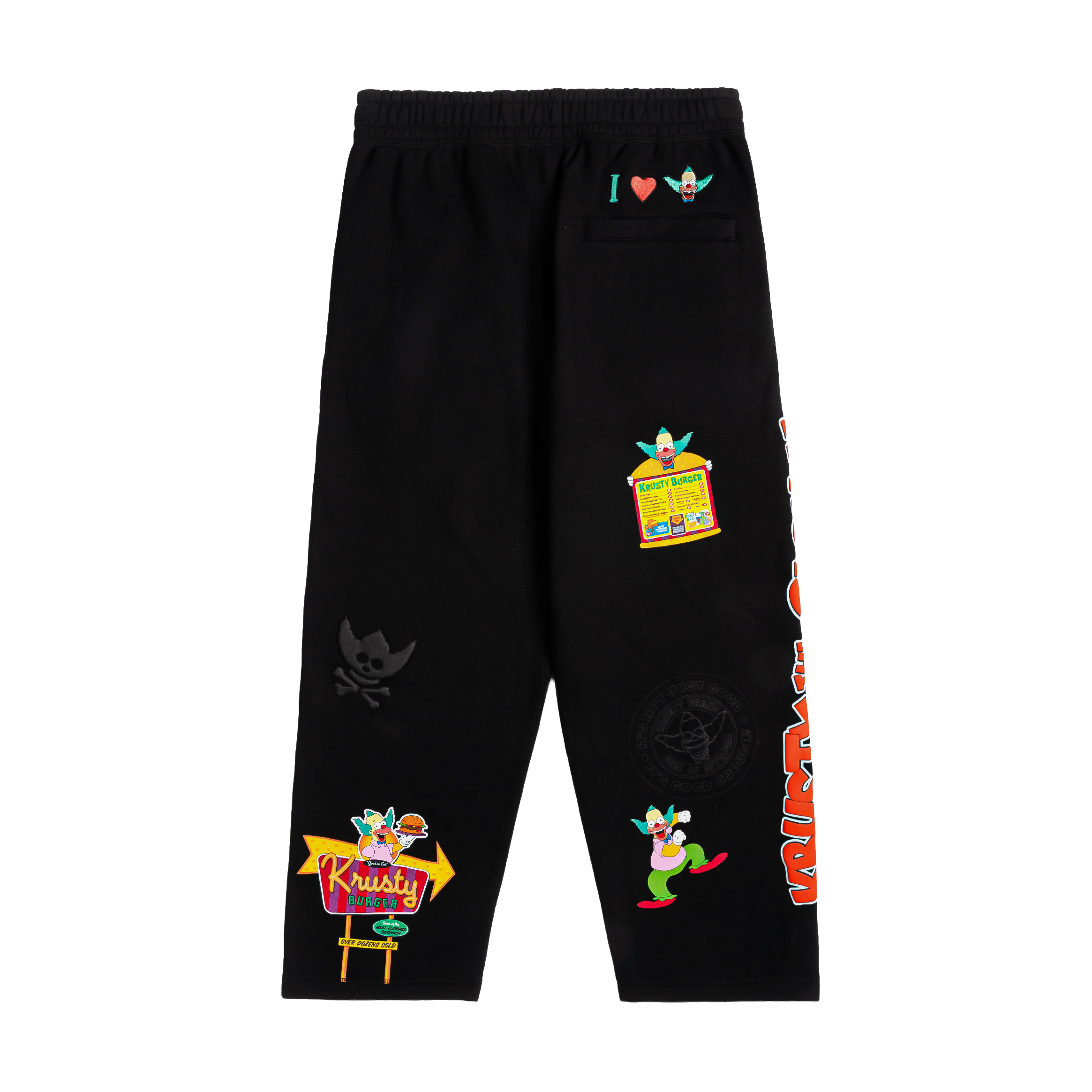 Black sweatpants with colorful clown and bottle designs.