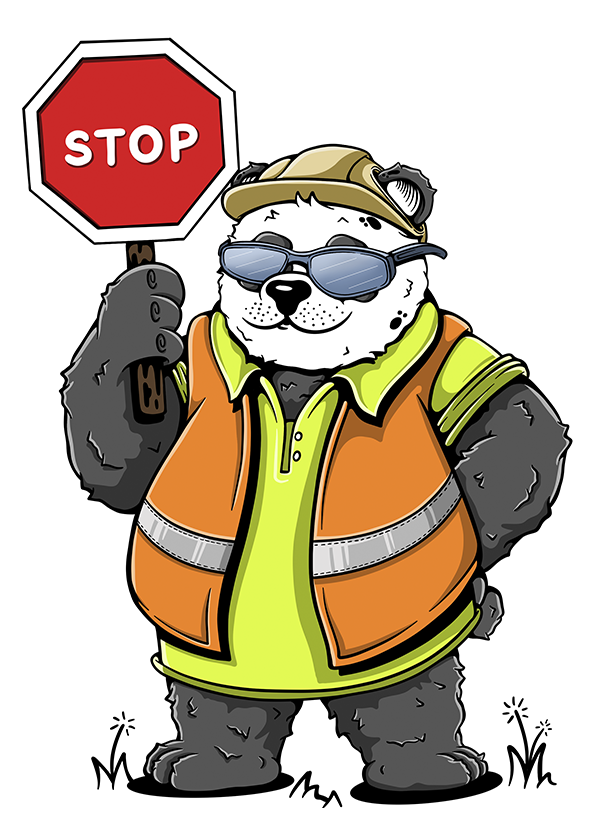 Pablo the Panda, the brand mascot, illustrated as a cartoon bear dressed in a hi-vis yellow vest and orange safety jacket, wearing sunglasses and holding a red stop sign, set against a dark navy background