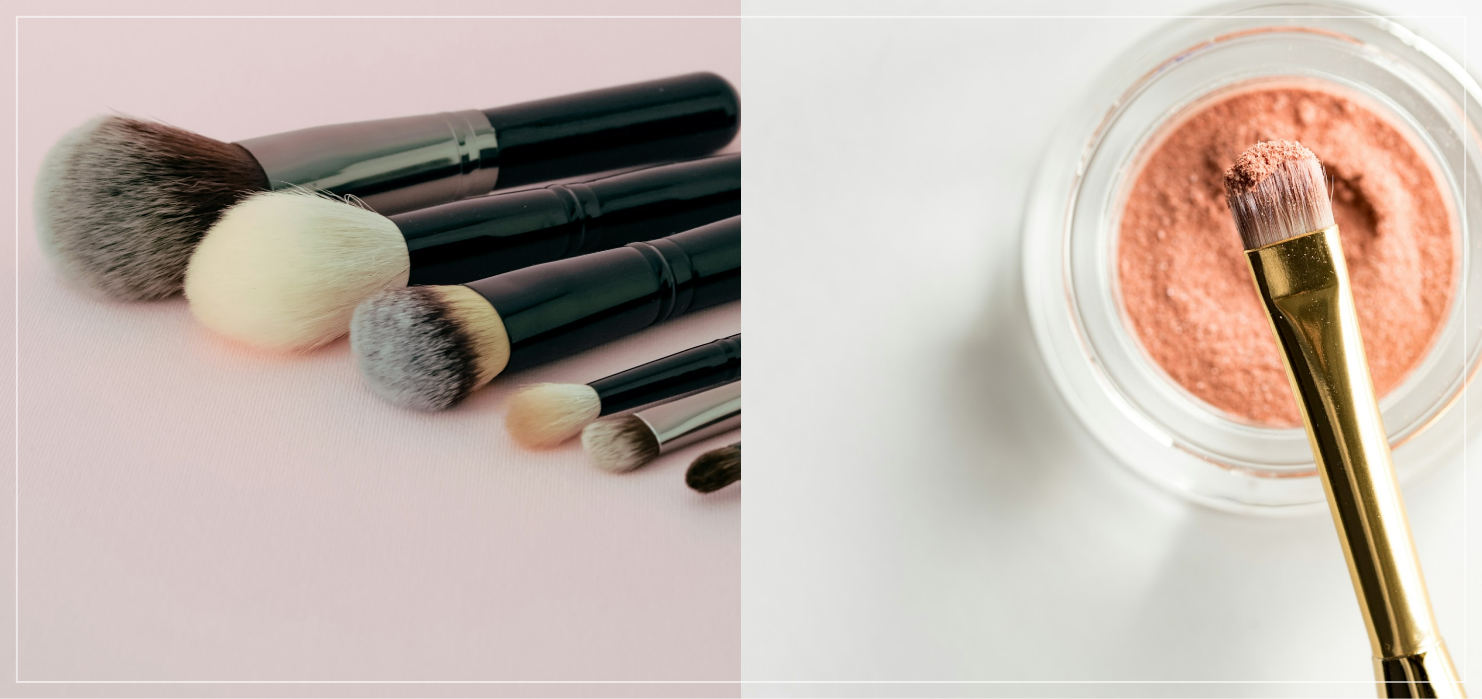 A split image, with several makeup brushes laying on a surface on the left, and a pot of makeup powder with a brush dipped into it on the right.