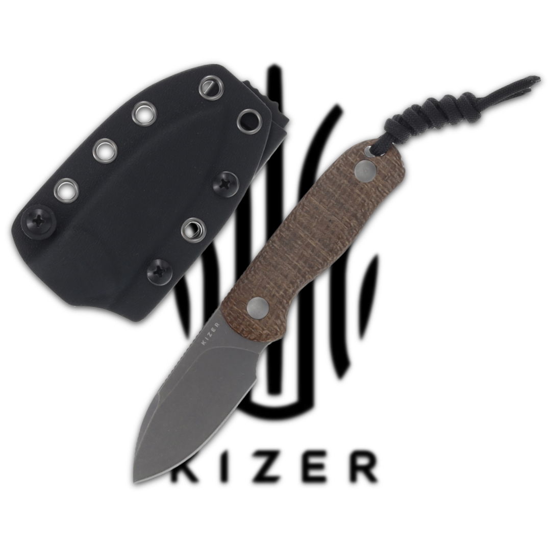 Knife with sheath and Kizer logo in the background.