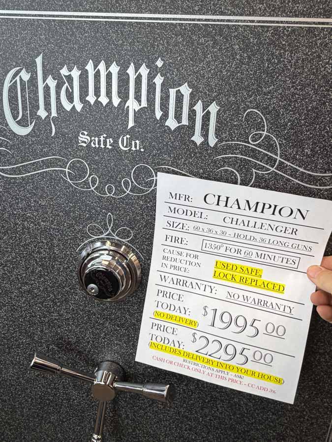 CHAMPION gun safe exterior with sale price tag on door - SES spring cleaning sale
