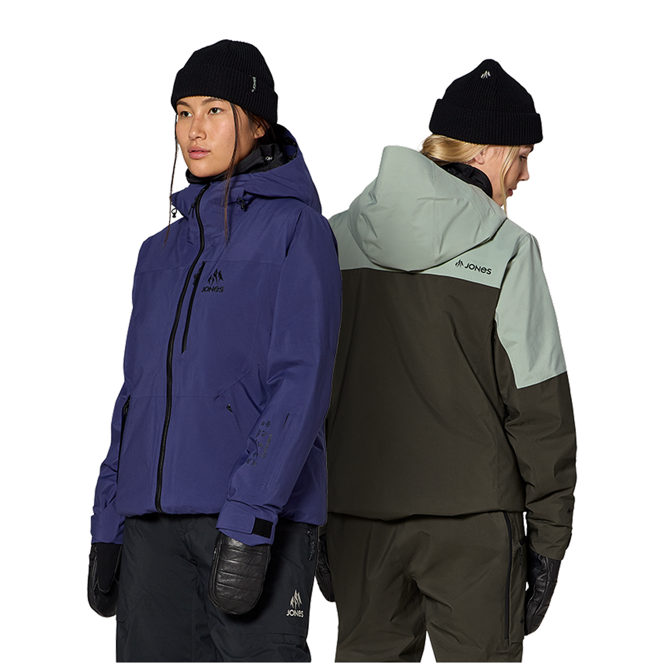 Two people wearing colorful winter jackets, facing forward and backward.