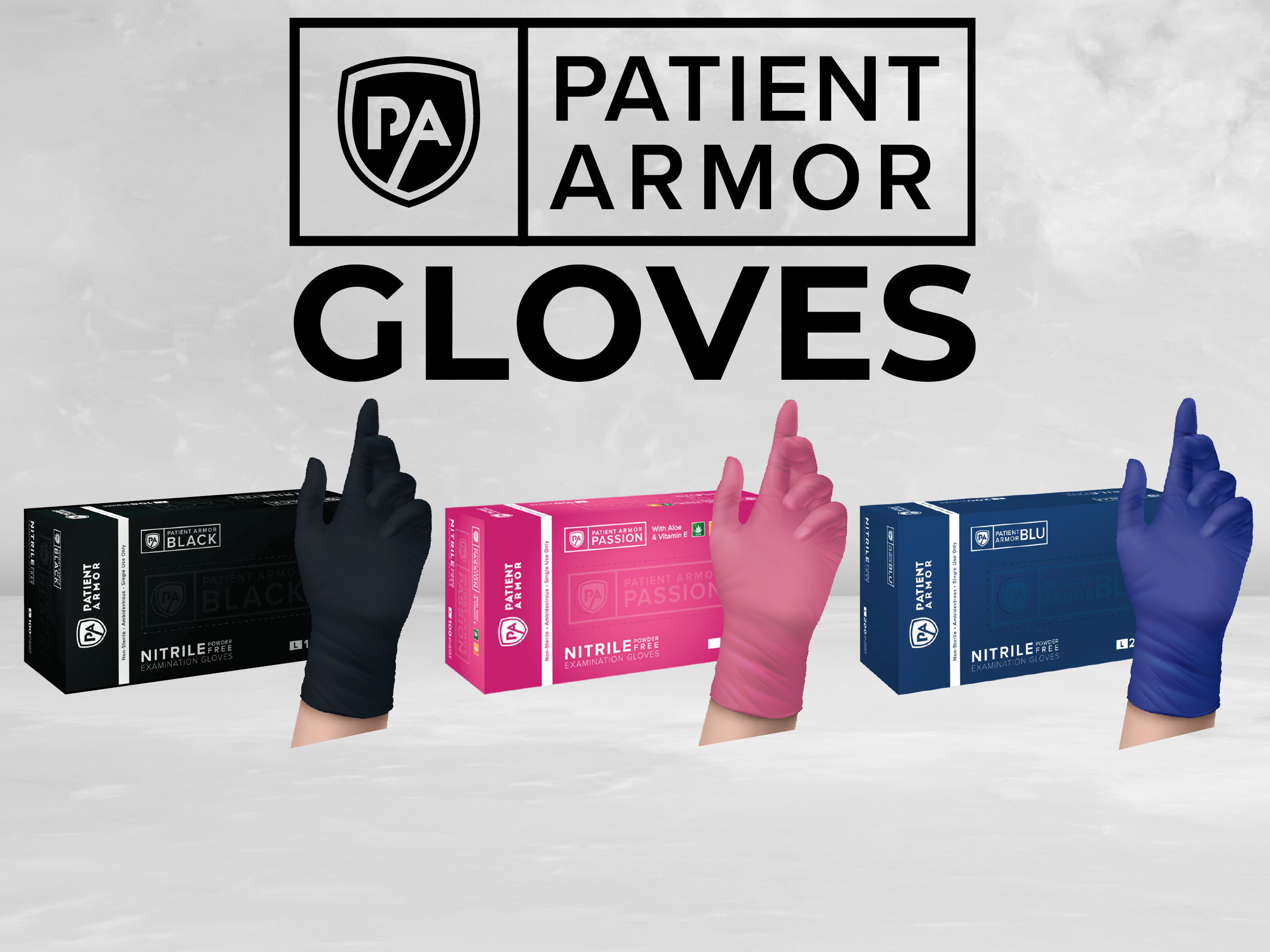 Patient Armor gloves in various colors and packaging displayed.