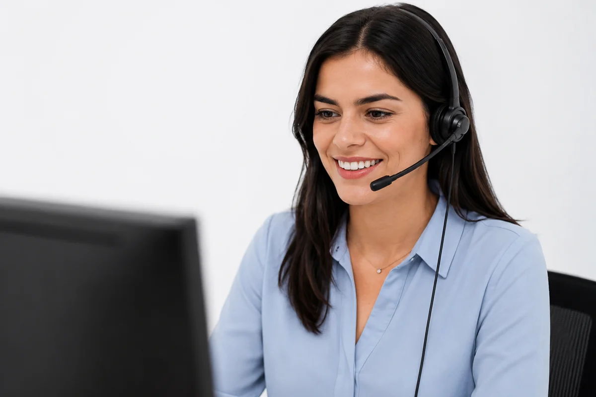 Customer support representative wearing a headset while working at a computer.