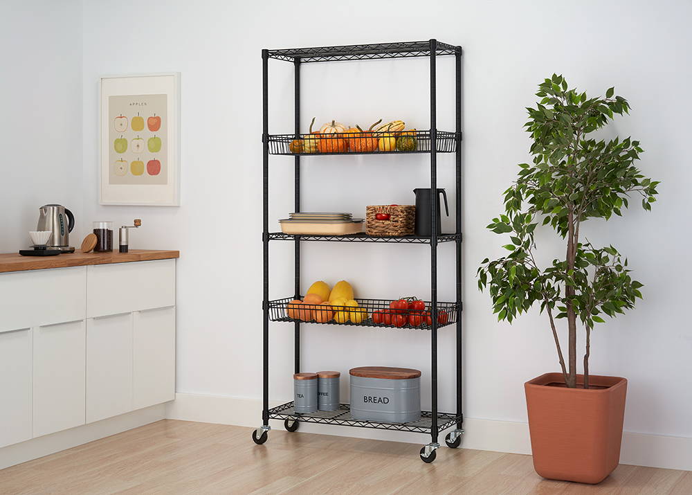 5-tier wire shelving rack with items on its shelves and in baskets in a kitchen