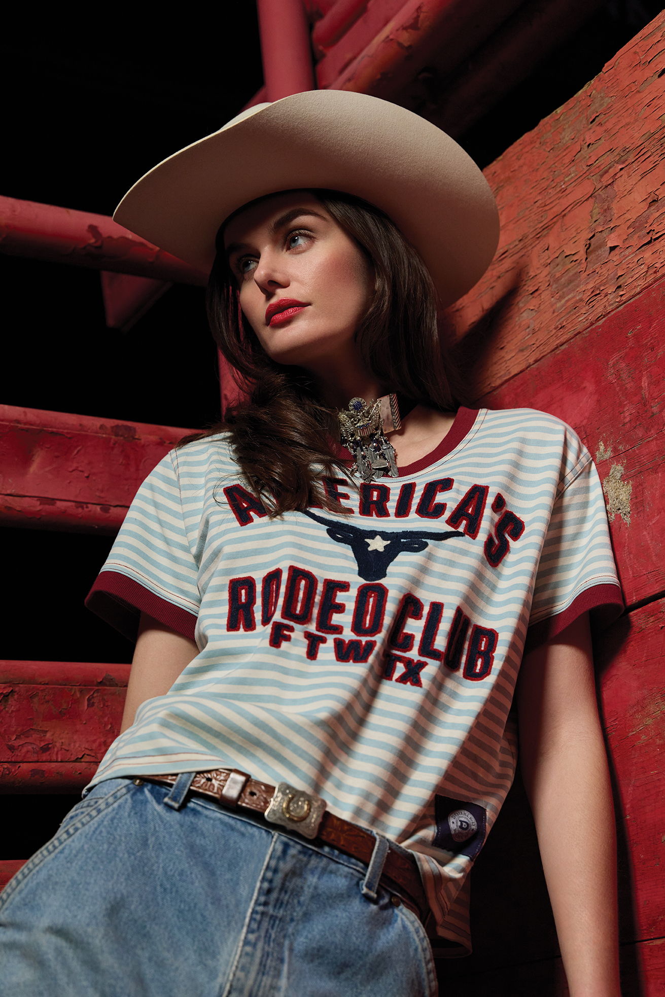 Kaylin wearing the America's Rodeo Club top with a stunning Mummy's Bundle Necklace and a vintage Double D Ranch Belt and Hat.