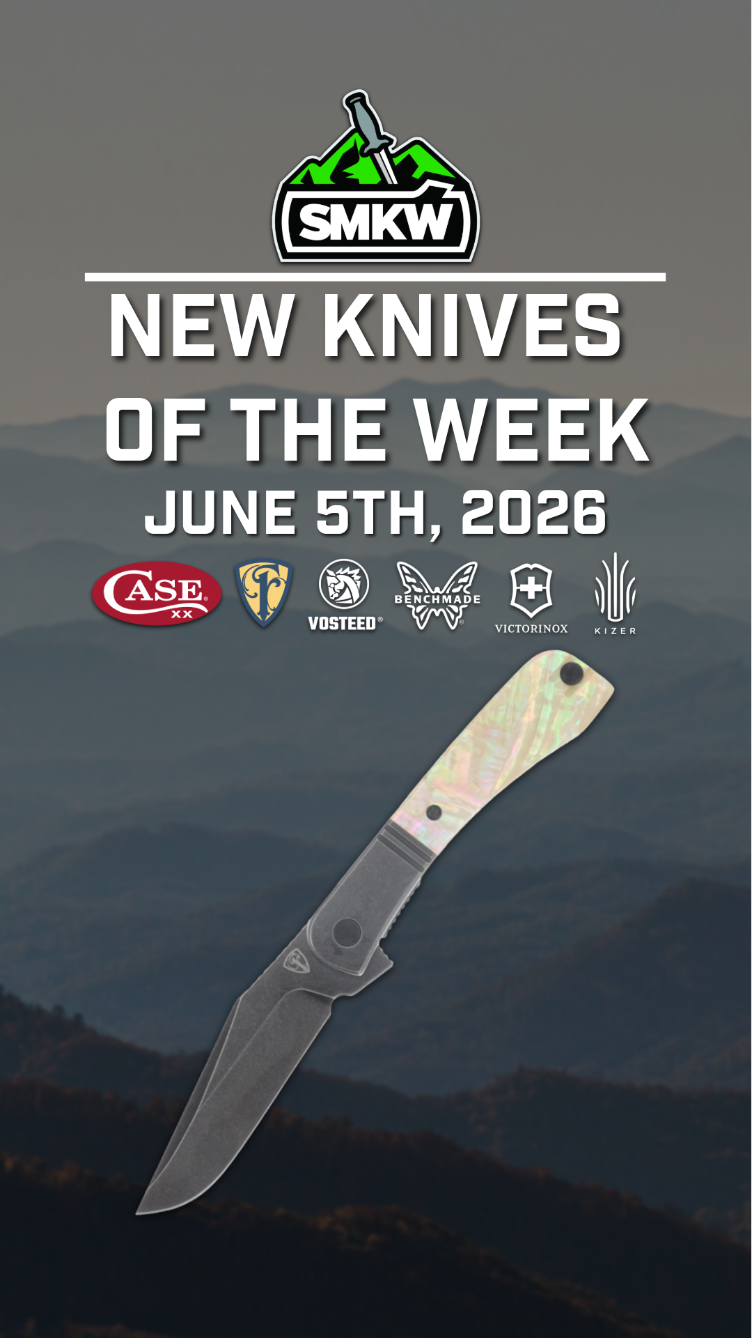 Promotional image for new knives, featuring a knife and release date.