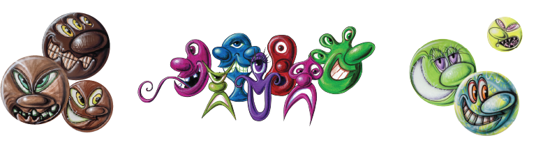 Colorful cartoon creatures and characters in various shapes and sizes.