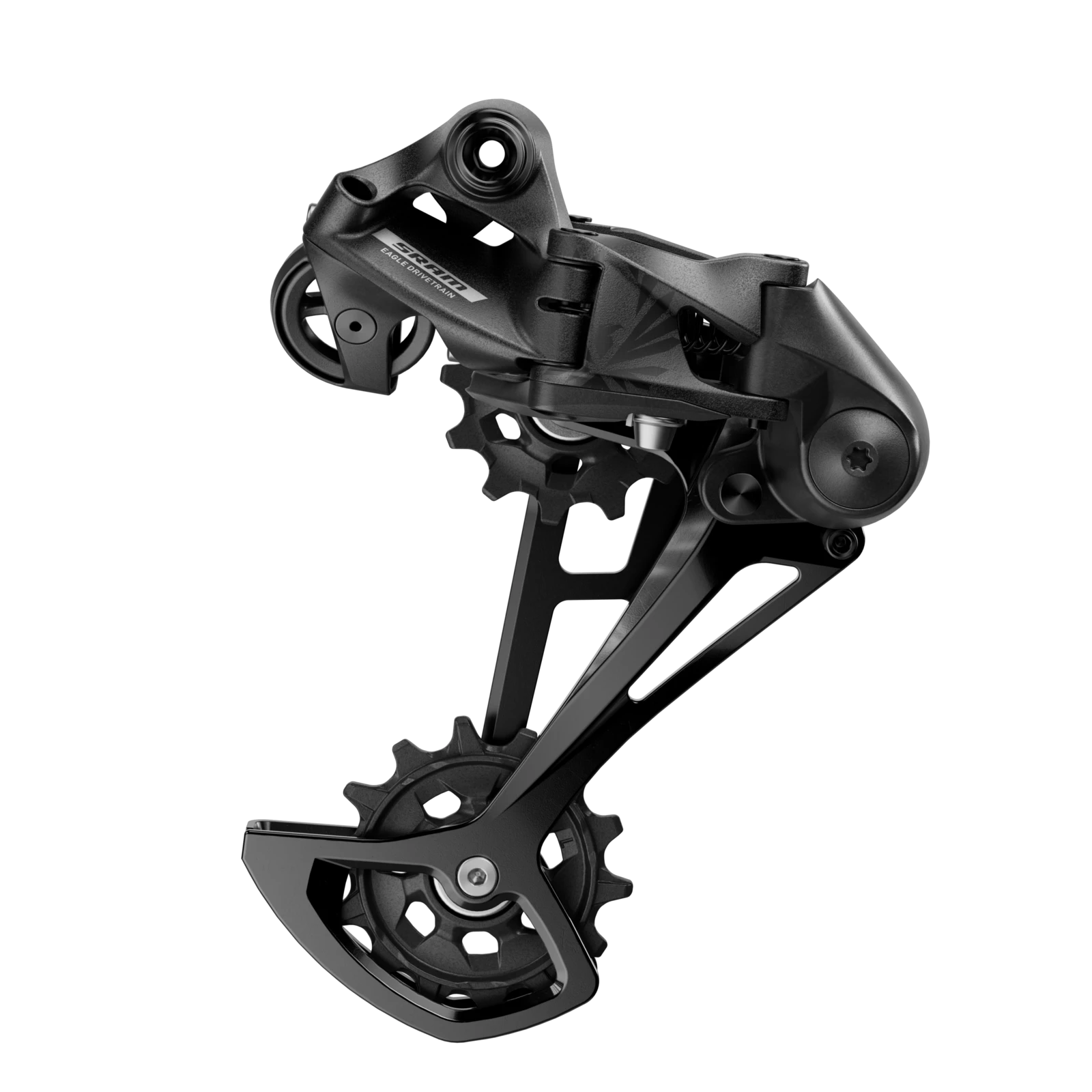 Black bicycle derailleur with gears and tensioning arm.