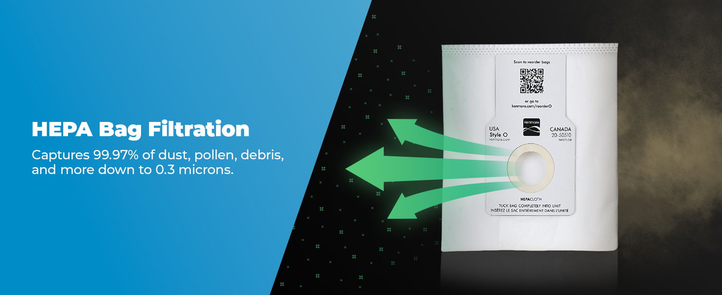 HEPA bag filtration captures allergens, dust, pollen, and more for cleaner air.
