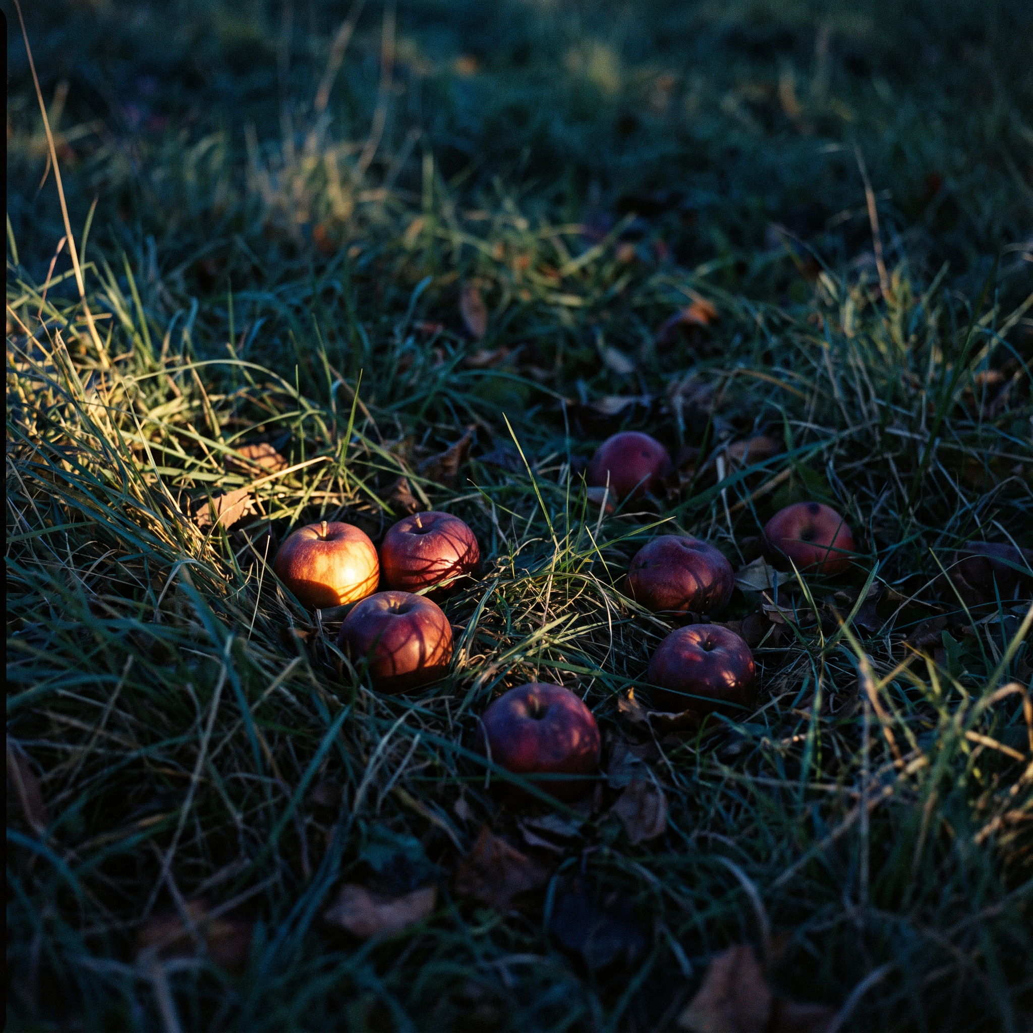 Red apples scattered on grass in soft, natural light.