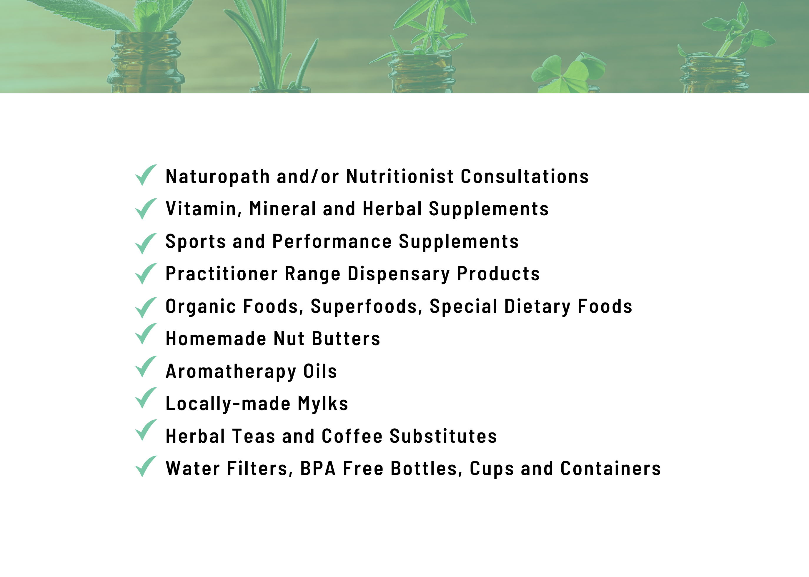 List of health and wellness services and products offered.