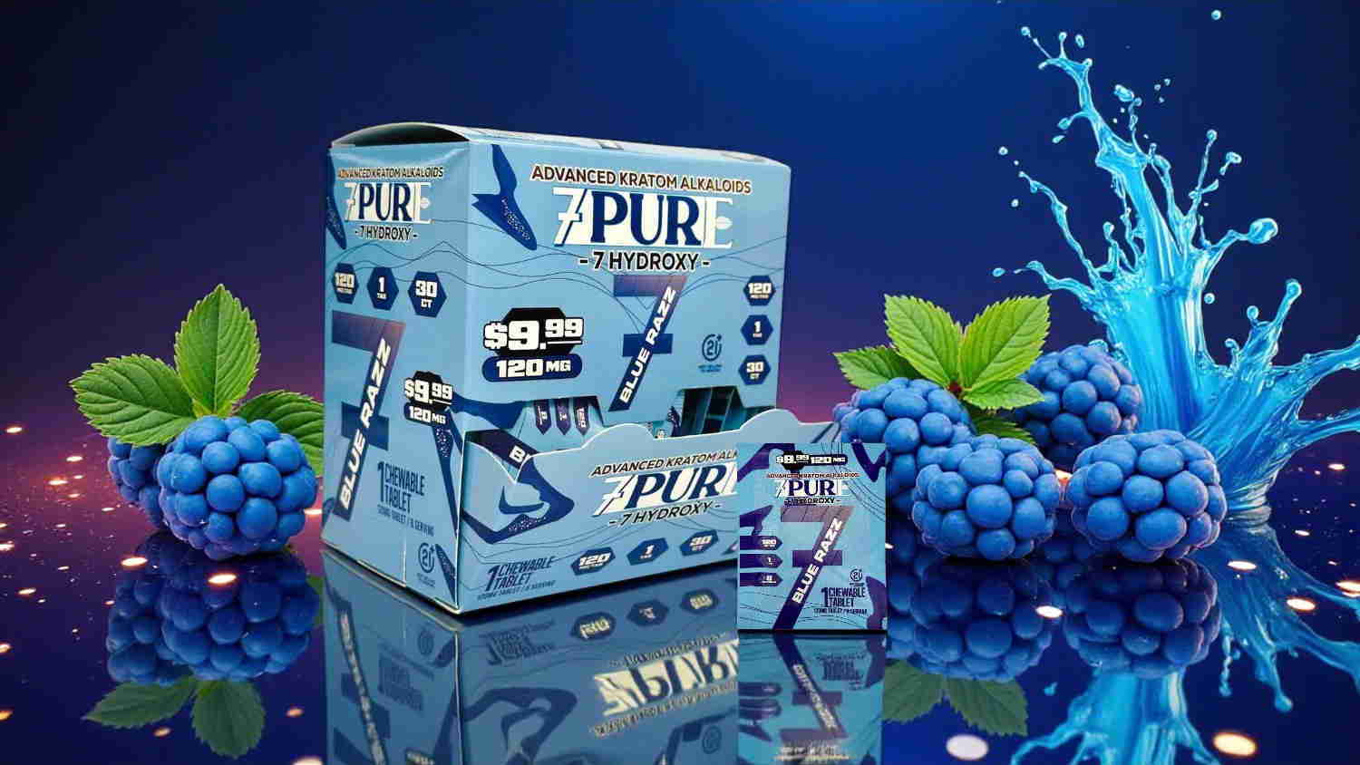 Blue packaging with berries and water splash background.