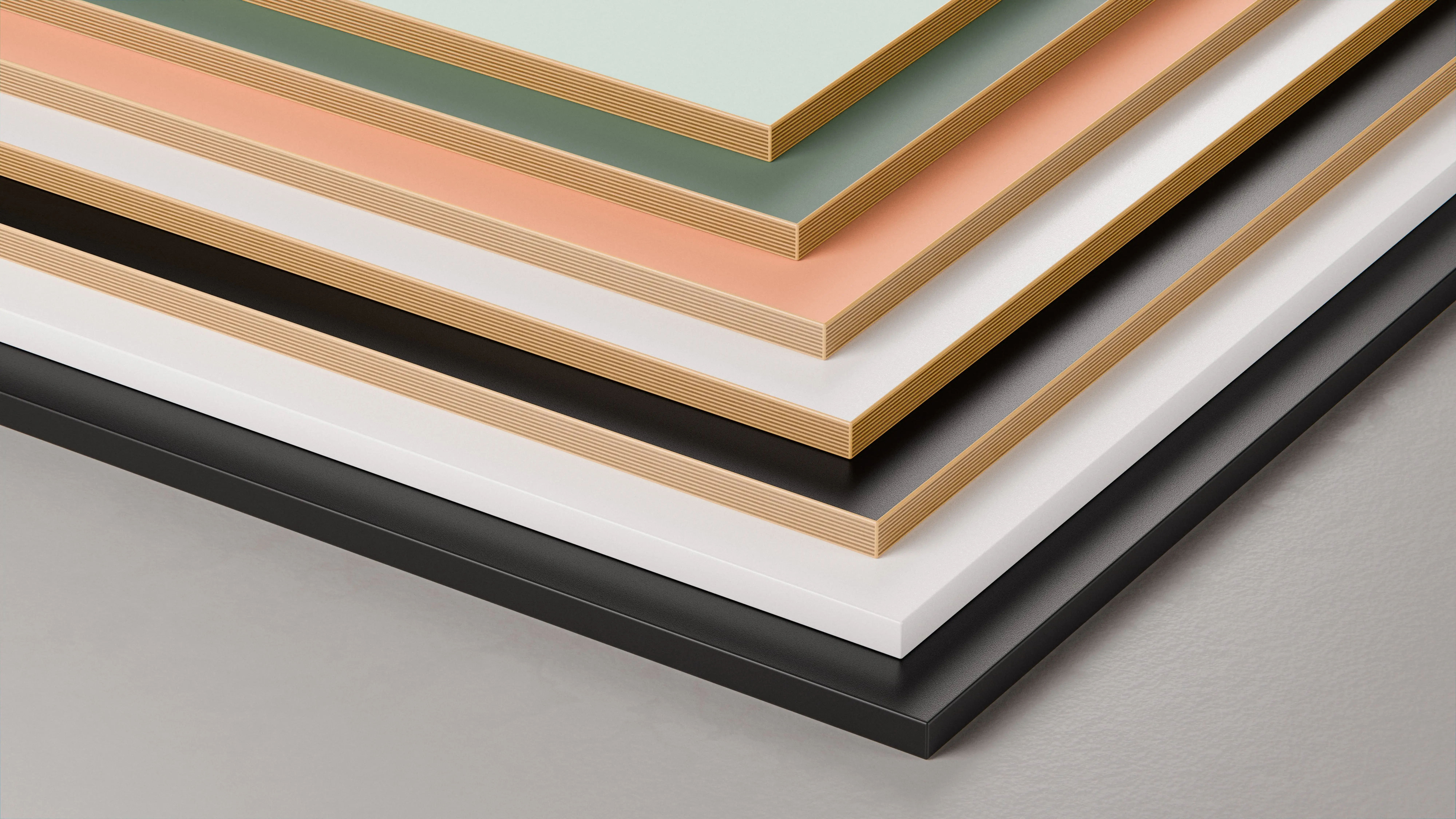 ofinto Rise : toutes les couleurs des plateaux empilés. Vert pastel, olive, rose, blanc, noir, blanc avec bord blanc et noir avec bord noir