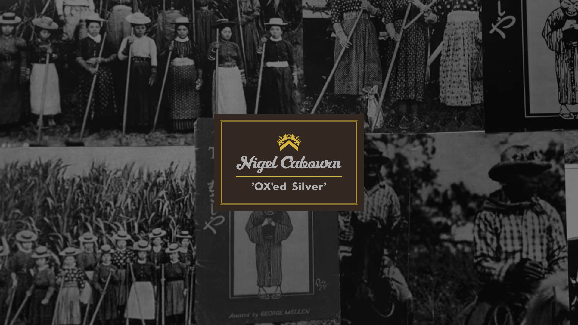 Historical images of people with various traditional attire and farming tools.
