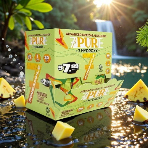 Product box for 7 Pure Hydration with tropical background and pineapple pieces.