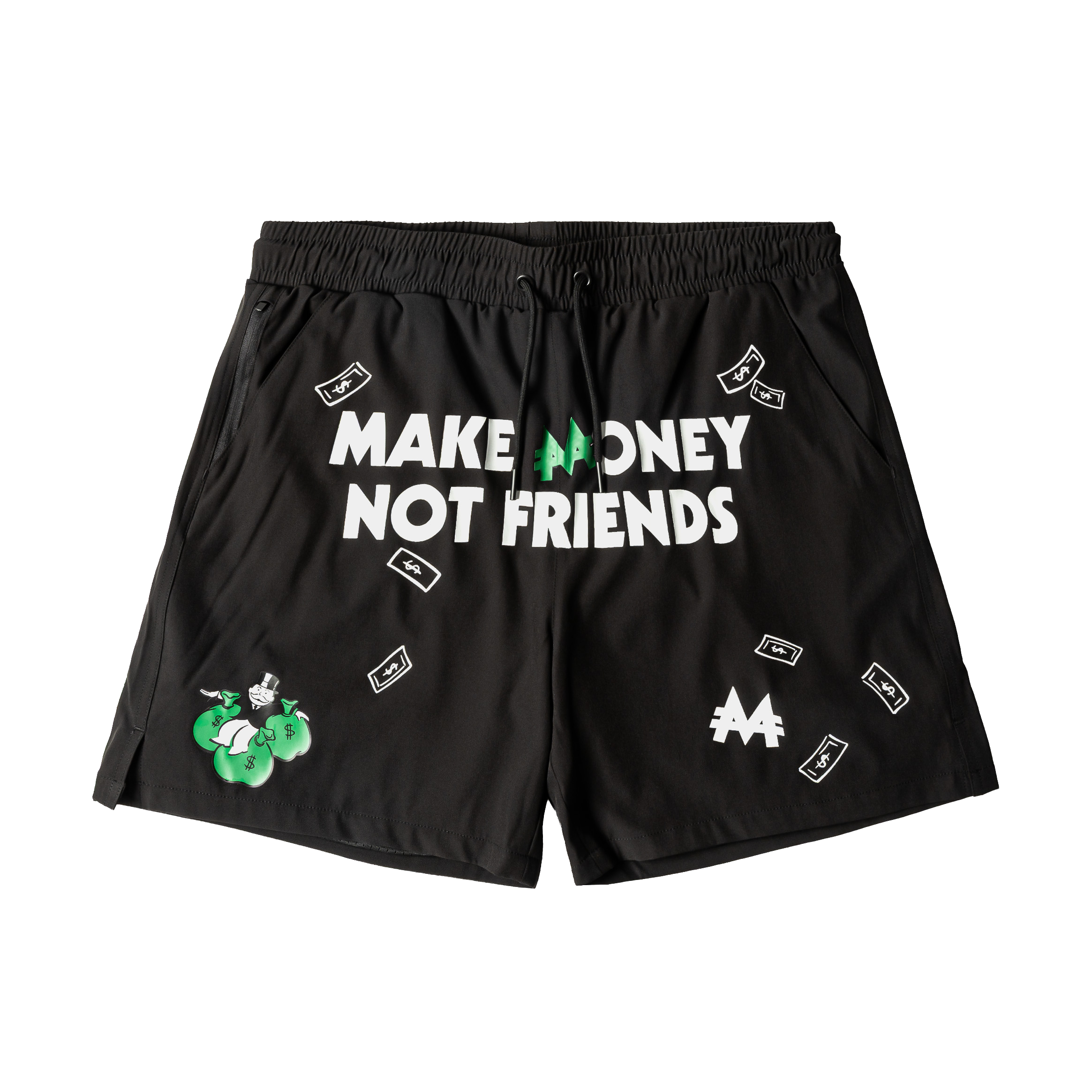 Black shorts with the text 