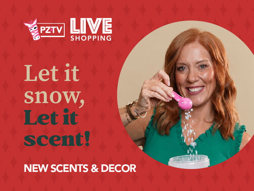 Woman promoting new scents and decor with festive text.