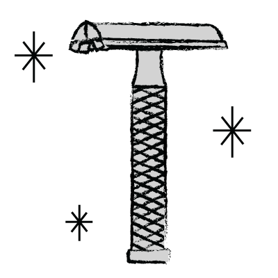 Illustration of a safety razor surrounded by three stars
