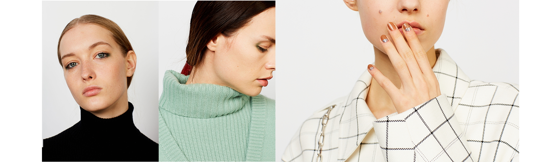 Three detail beauty images of backstage hair and makeup.