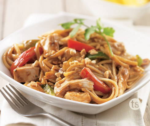 asian peanut chicken noodle bowl