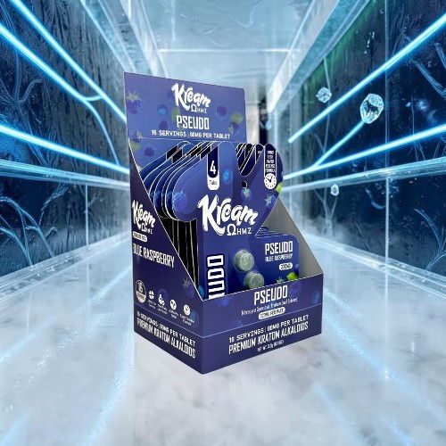Display stand for Klean product with a blue design and promotional details.