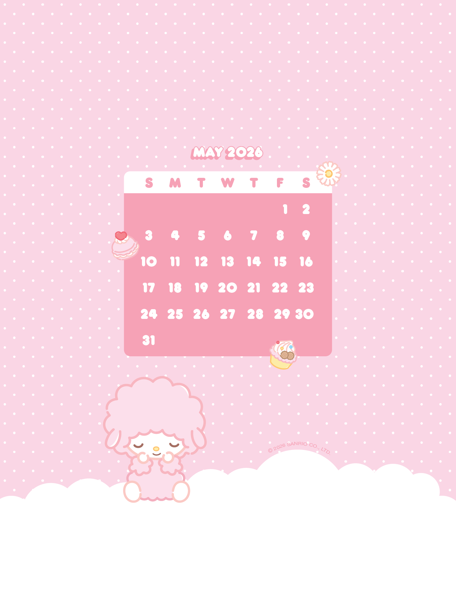 Calendar for May 2026 on a pink polka dot background with My Sweet Piano character.