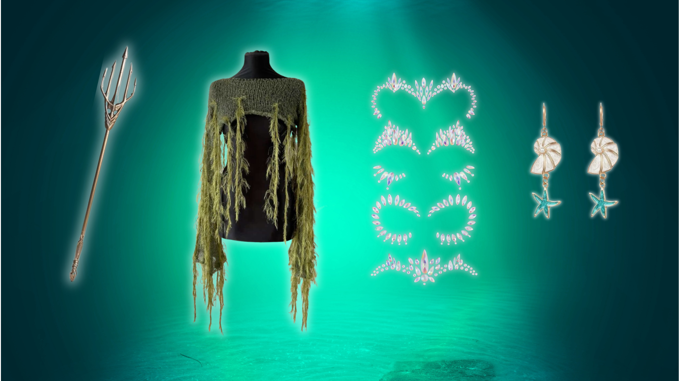 Princess Mera cosplay props and accessories including trident, ocean-inspired jewelry, and Atlantean warrior details