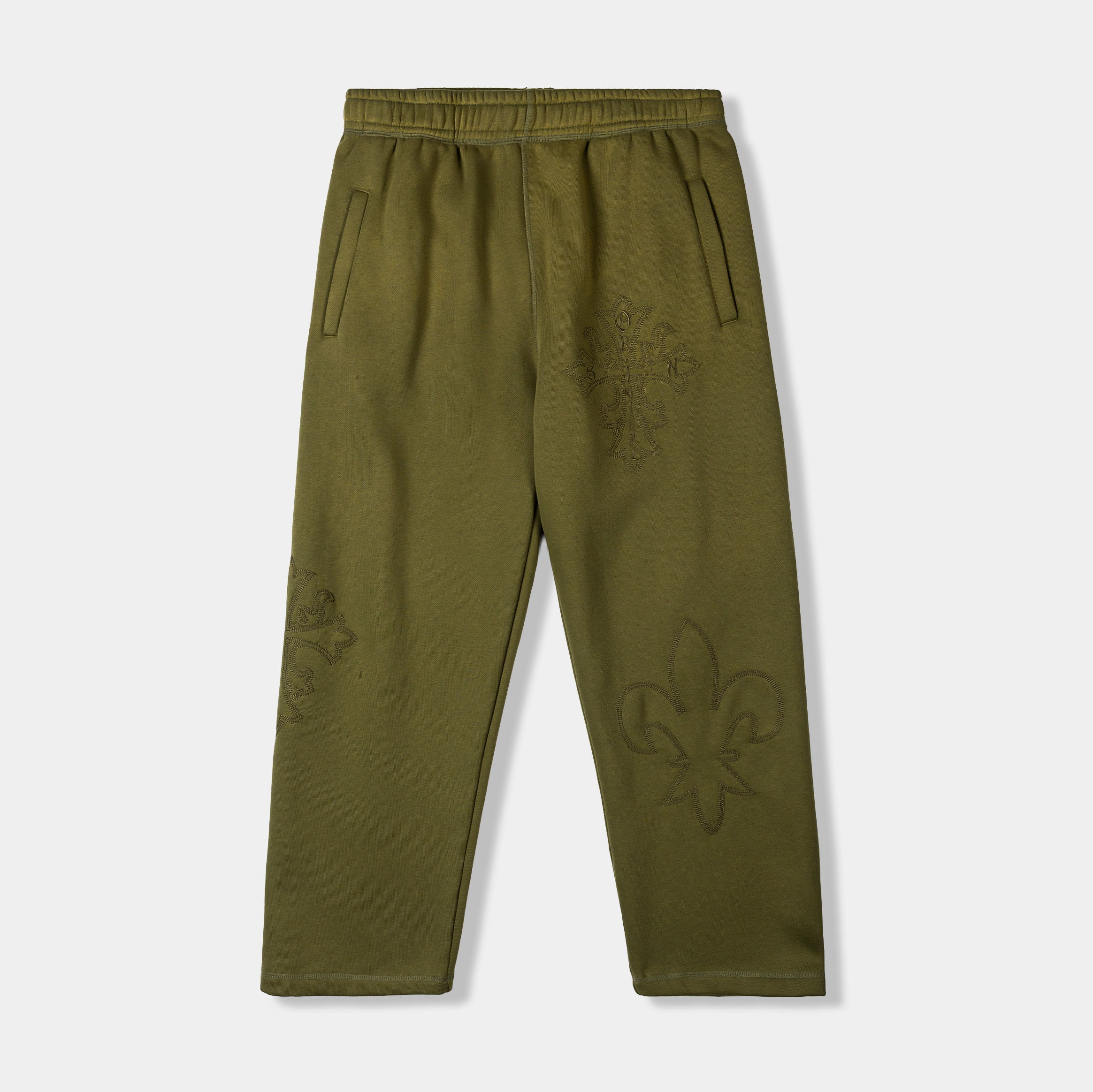 Olive green pants with elastic waistband and side pockets.