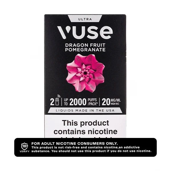 Vuse Ultra Dragon Fruit Pomegranate vape pod packaging with warning label.