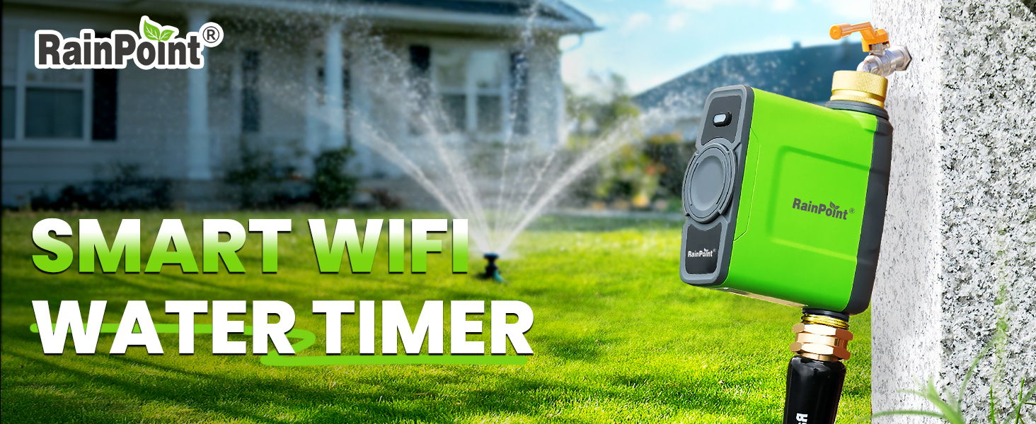 Smart WiFi water timer installed in a garden with sprinklers.