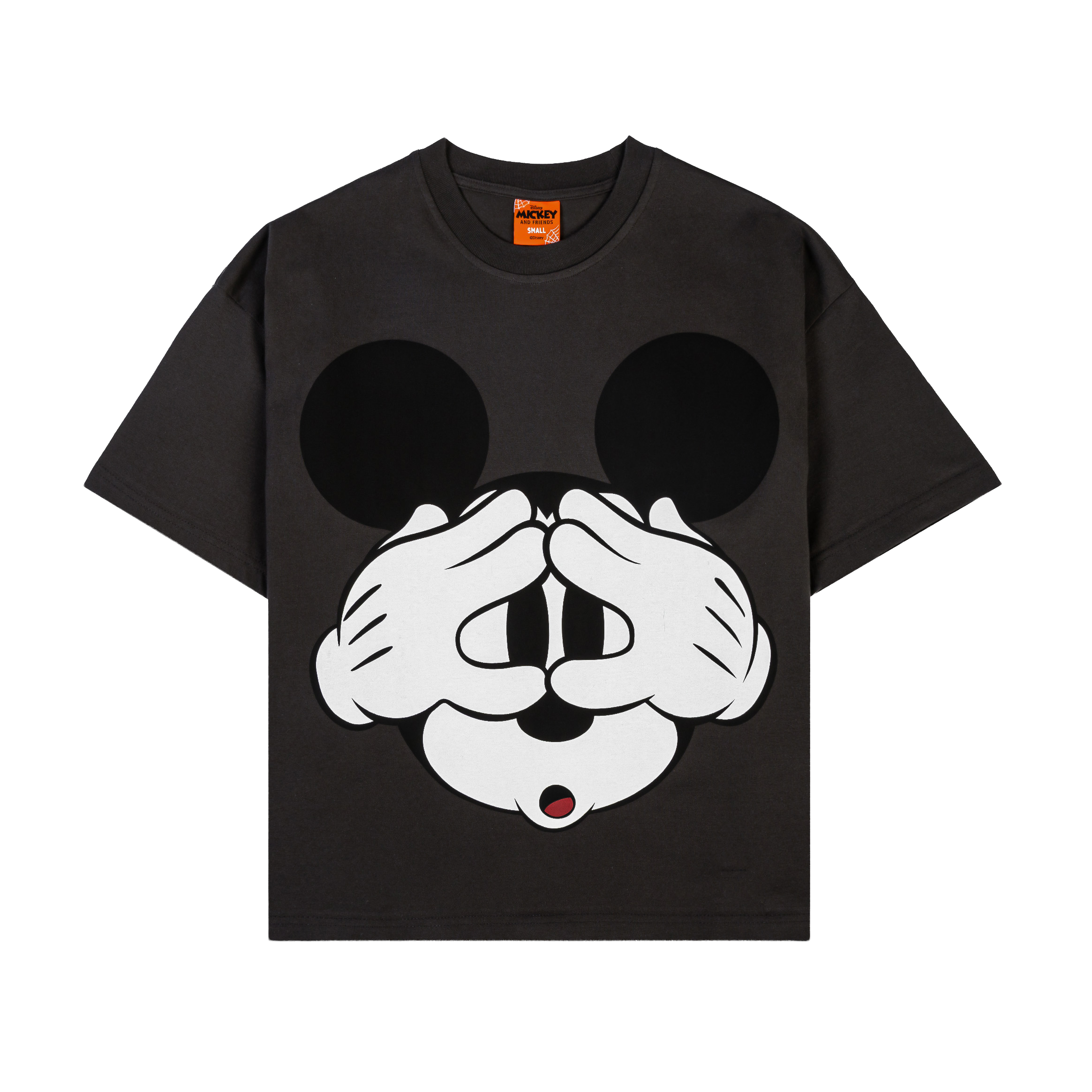 Black t-shirt featuring Mickey Mouse covering his eyes with hands.