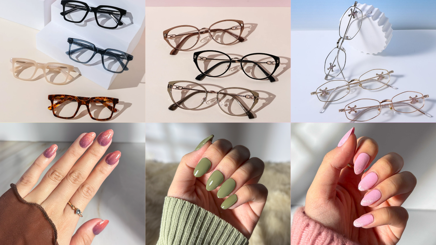EyeCandys prescription reading glasses paired with press on nails, matching nail art and eyewear styling inspiration
