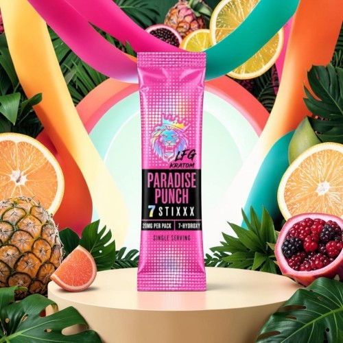 Packaging for Paradise Punch drink mix surrounded by tropical fruits.