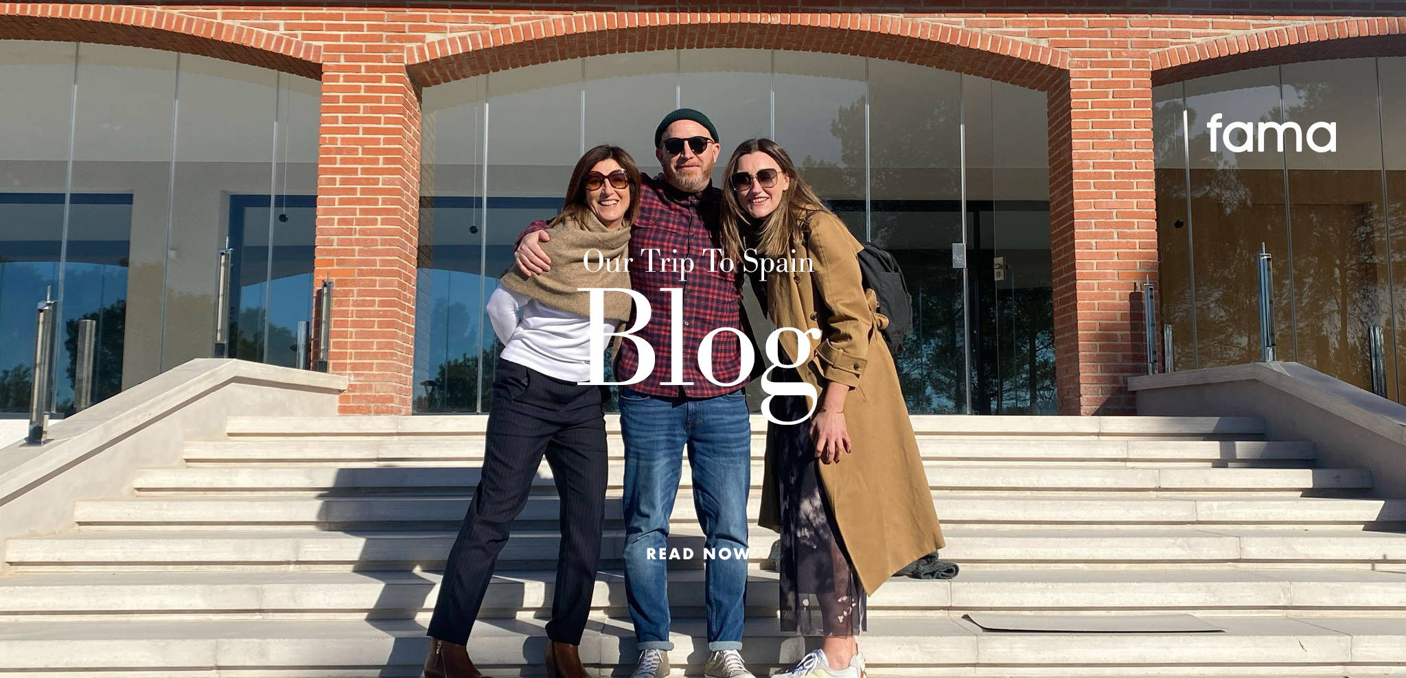 Three BF Home colleagues smiling outside a modern building, with a 