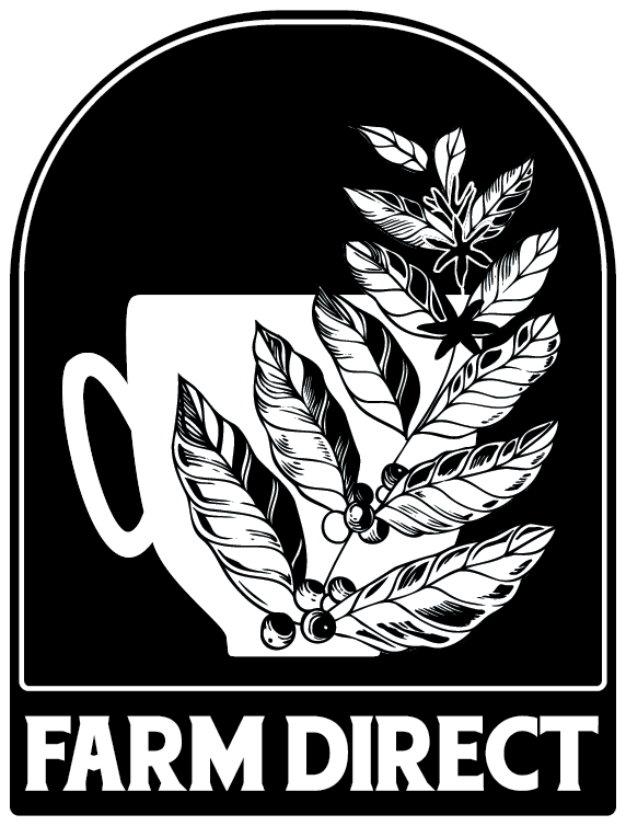 A coffee cup with a coffee plant in front of it to indicate a Farm Direct coffee.