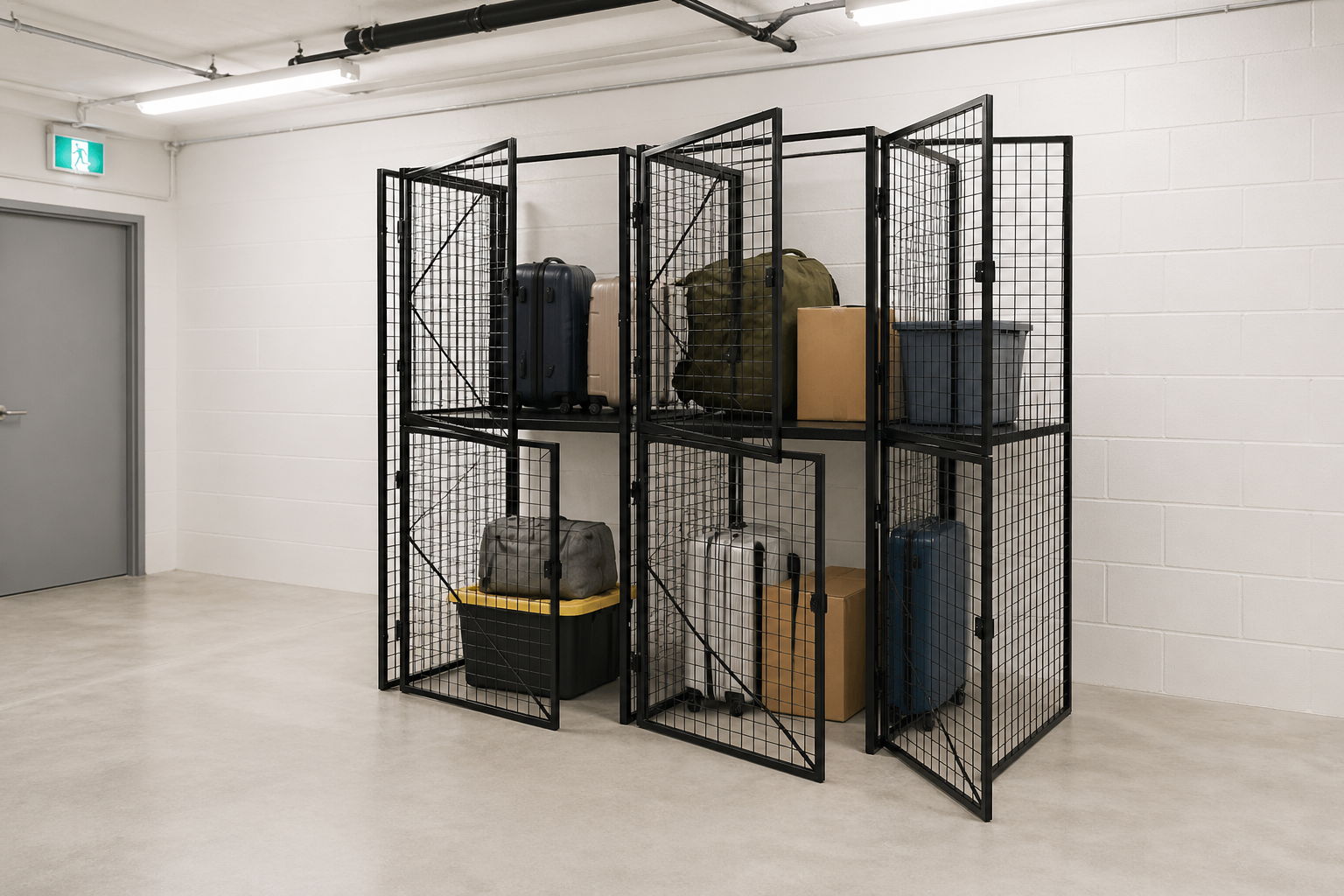 Storage racks with various containers and boxes in a minimalist room.