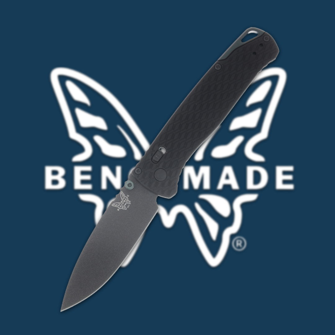 Black folding knife with Benchmade logo in background.