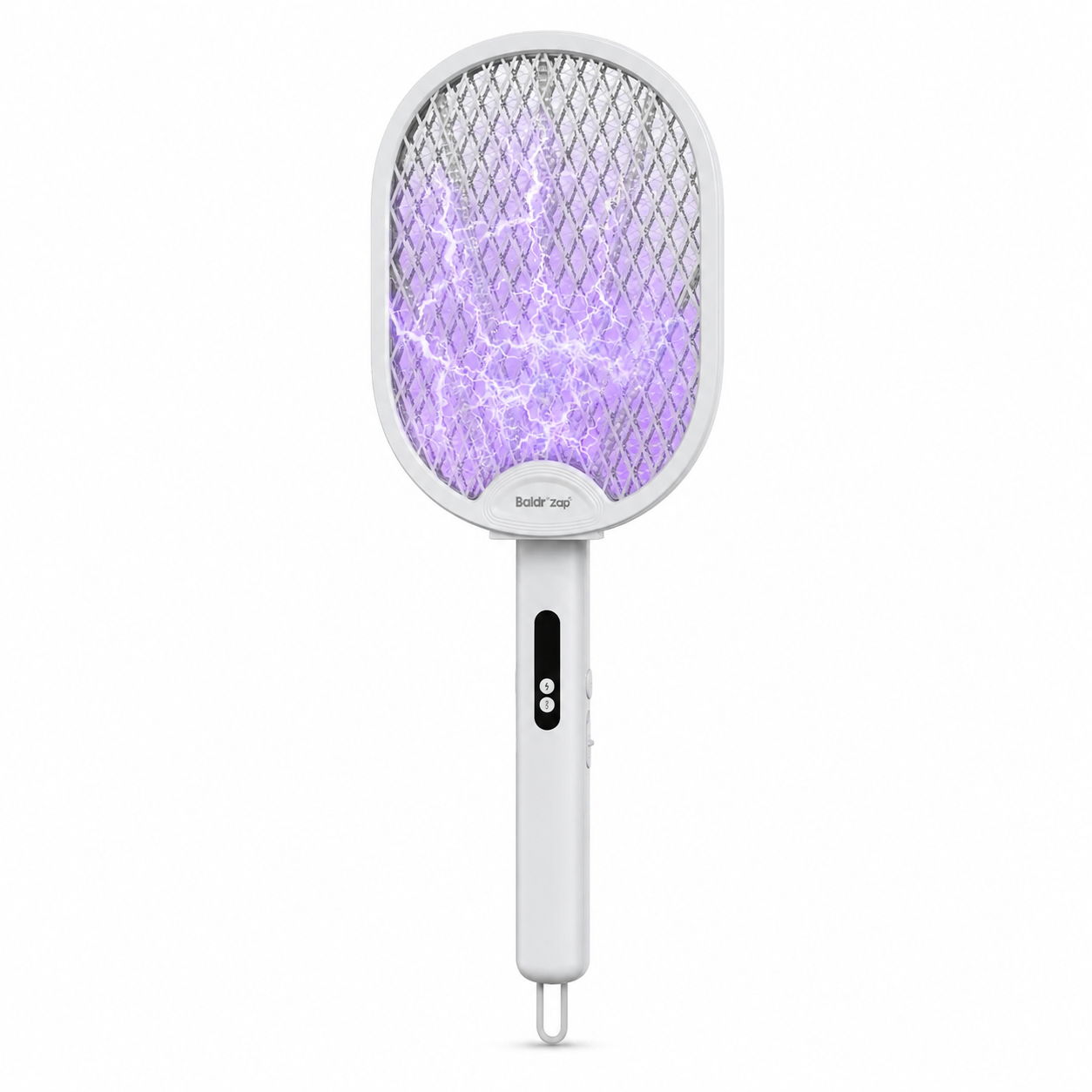Electric fly swatter with a purple light and a white handle.