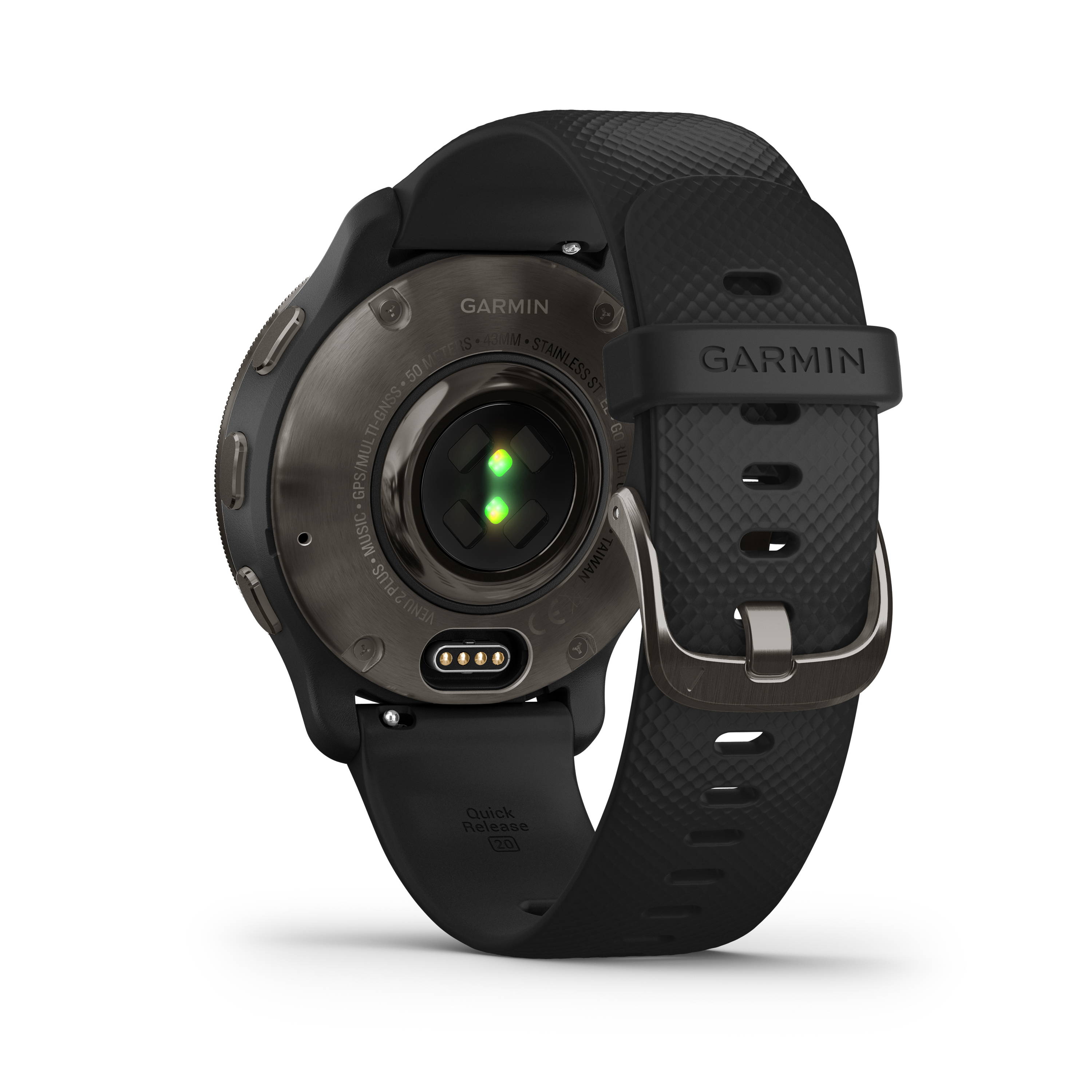 Heart rate and Pulse Ox sensors on the back of the Garmin Venu 2 Plus
