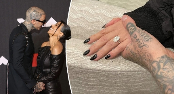 Kourtney Kardashian and a closeup of her million dollar diamond engagement ring