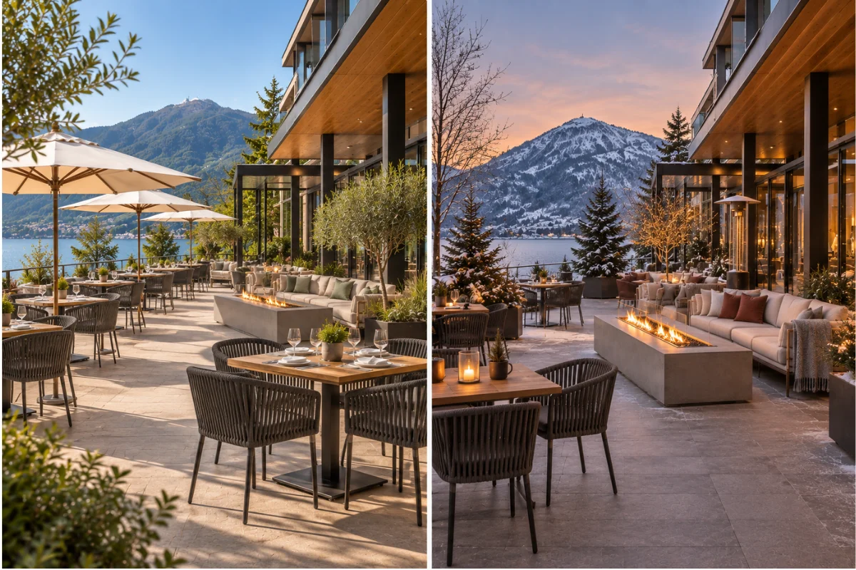 Seasonal hotel terrace showing expanded outdoor dining furniture in summer and a more compact lounge layout in winter