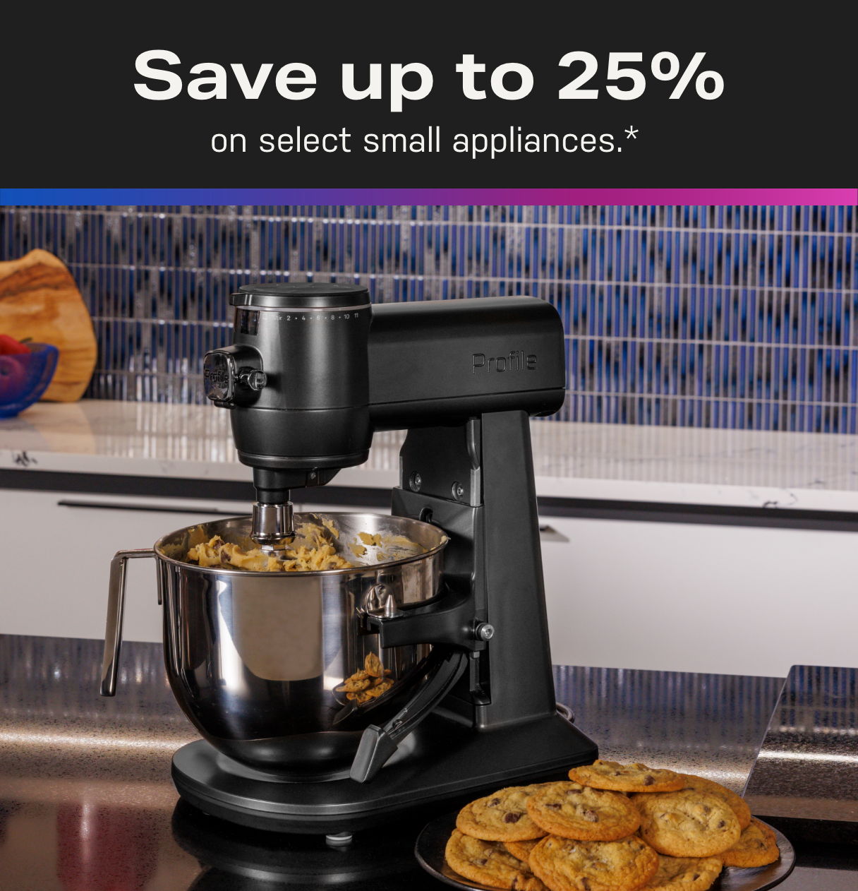 Black stand mixer with cookie dough, saving on small appliances promotion.