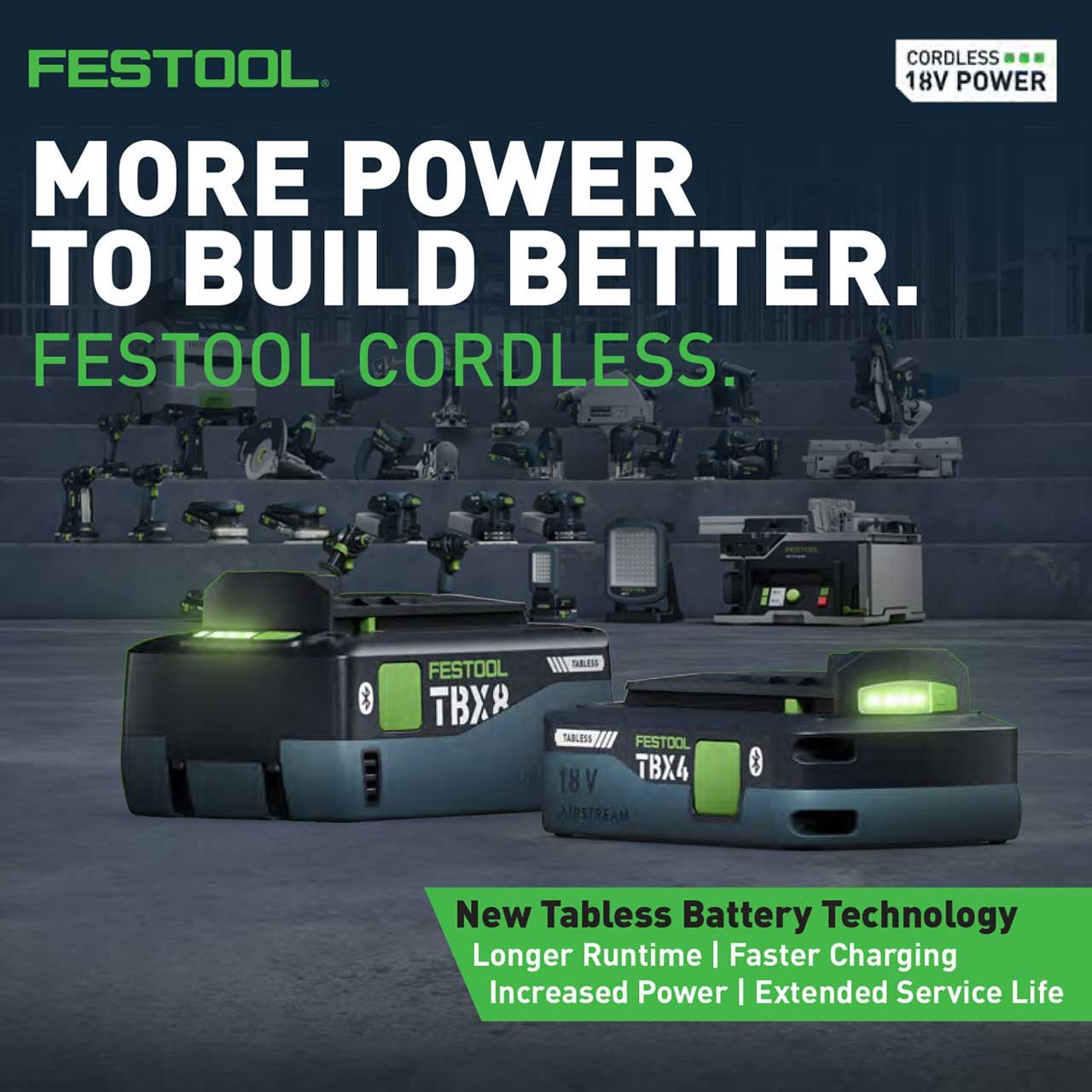 Festool advertisement promoting cordless tools and new battery technology features.