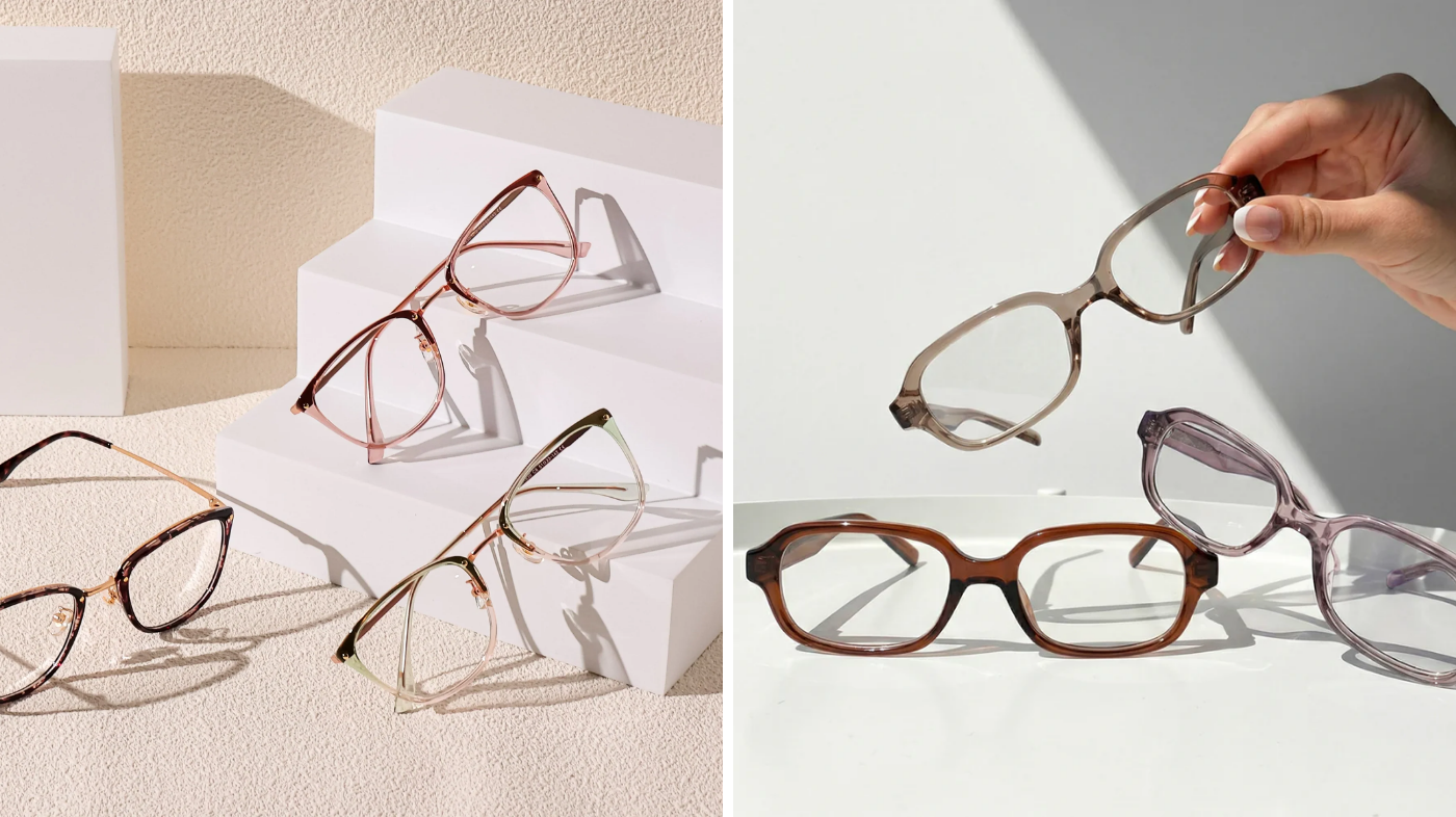 Six different eyeglass frame shapes suitable for progressive lenses arranged in an editorial flat lay